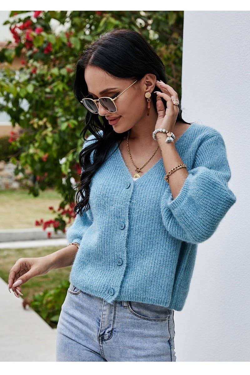 CWOCAL0792_V-NECK 3/4 SLEEVES SHORT KNITTED CARDIGAN