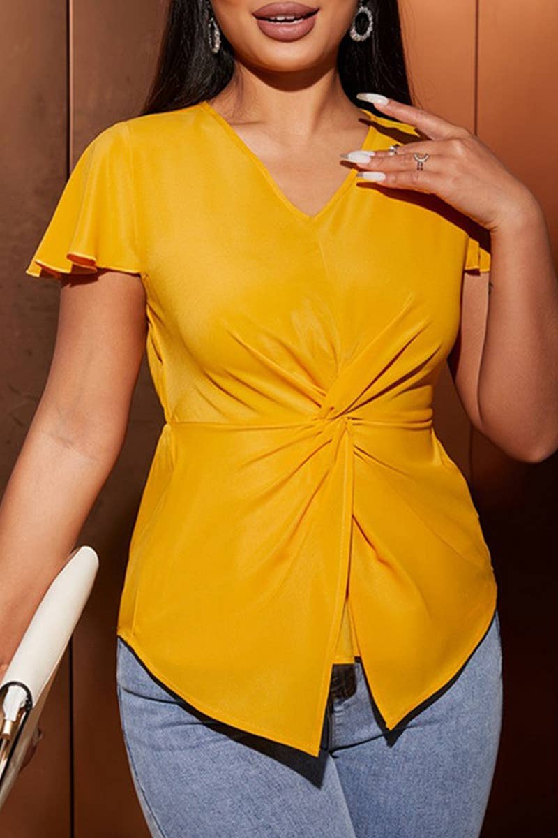 CWTTS1407_V-NECK NEW CASUAL WAIST FLYING SLEEVE T-SHIRT