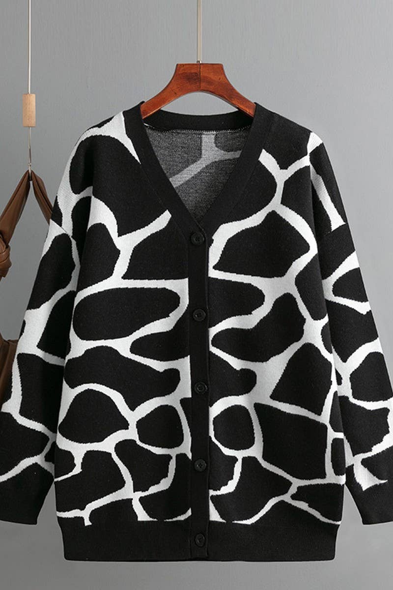 CWOCAL00664_JACQUARD KNIT V NECK LONGLINE CARDIGAN