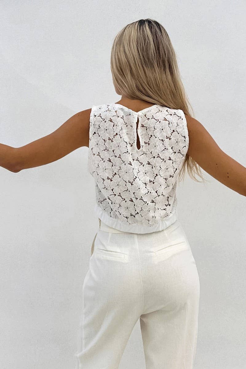 CWTBLSL01014_SOLID COLOR LACE HOLLOW JACQUARD SHORT VEST