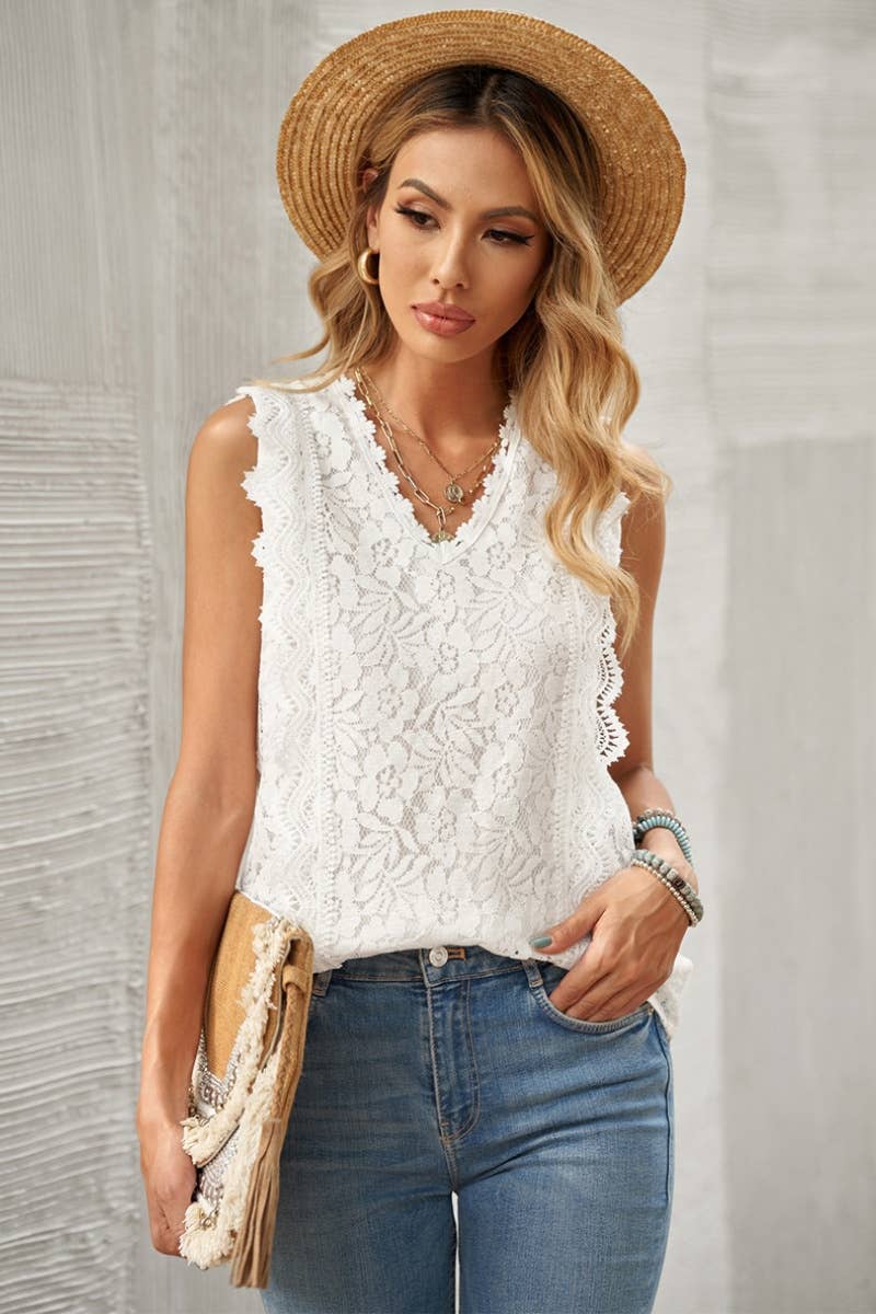 CWOV0378_WATERMELON LACE V-NECK SLEEVELESS TANK TOP