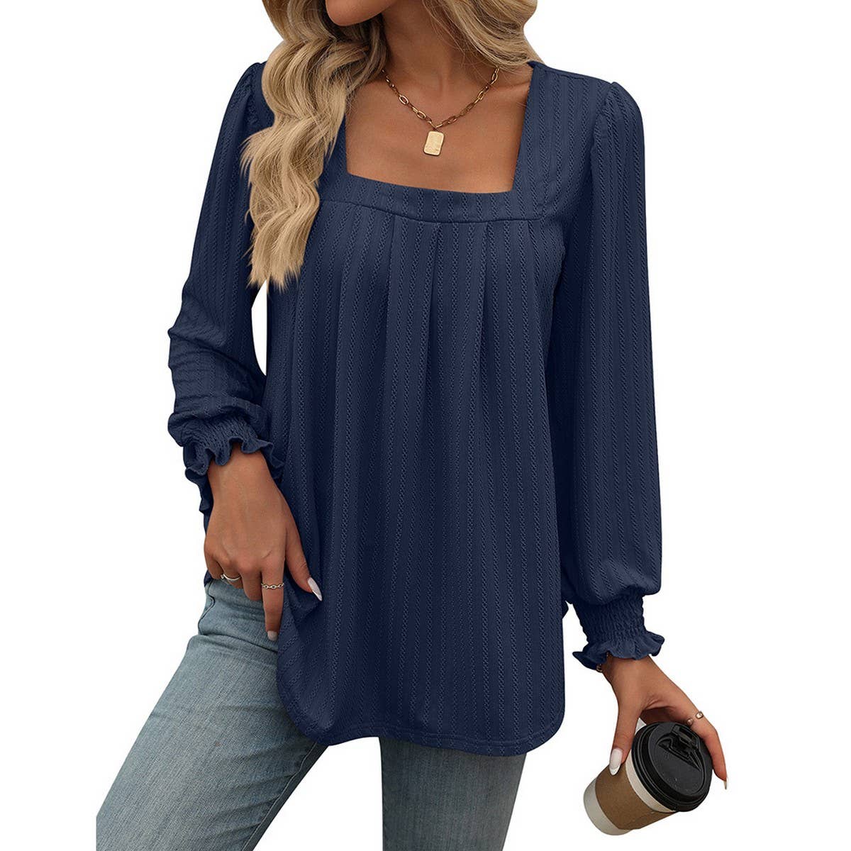 Casual square neck pleated long sleeve T-shirt