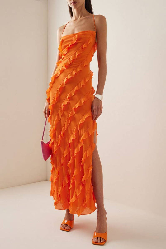 CWDHL0954_SOPHISTICATED SLIT RUFFLE EVENING DRESS
