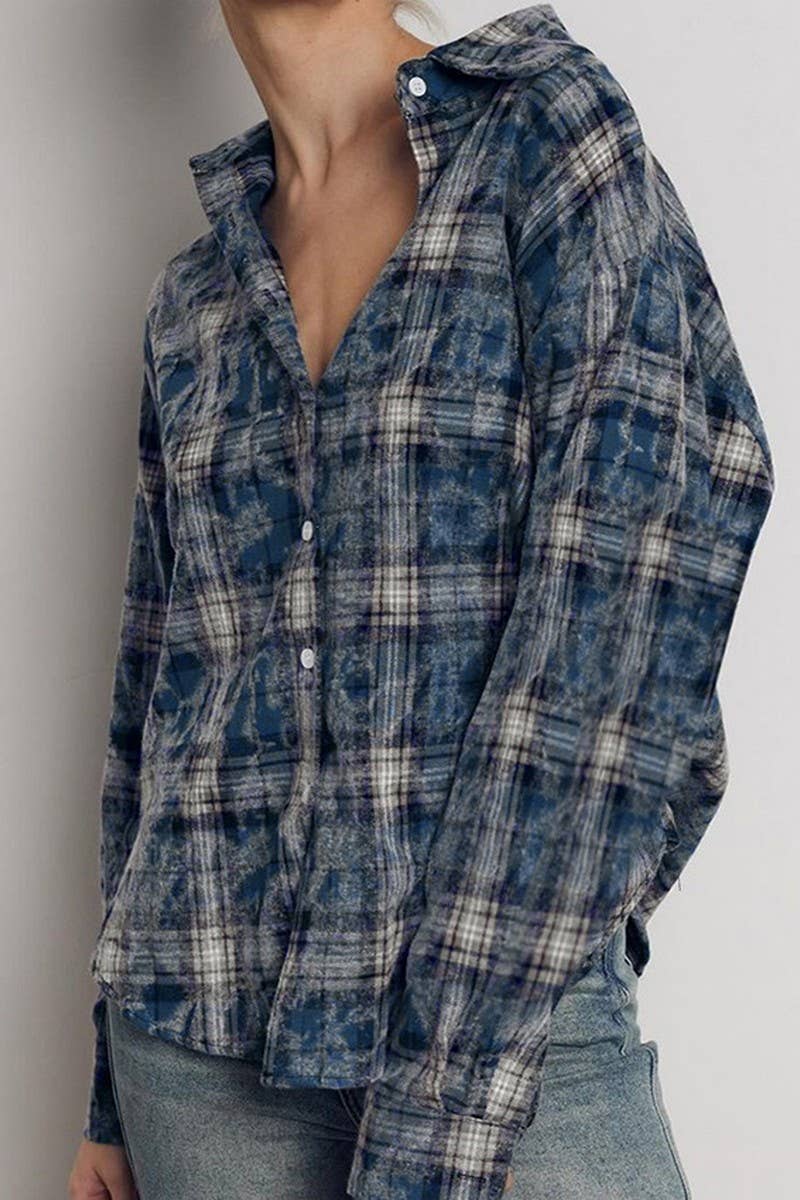CWTBLL00625_PLAID LOOSE RUFFLED PLAID LONG-SLEEVED SHIRT