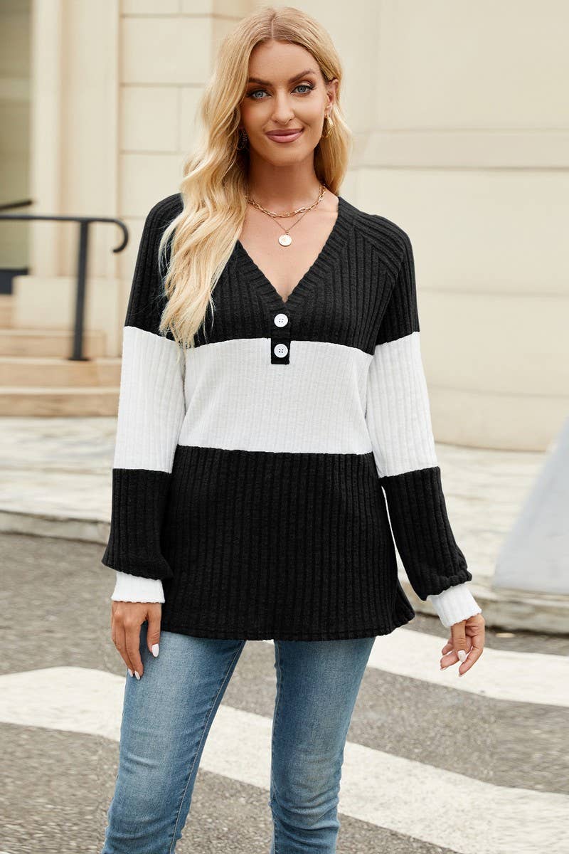 CWOSWL6830_NEW LONG SLEEVE V-NECK CONTRAST LOOSE BUTTON TOP