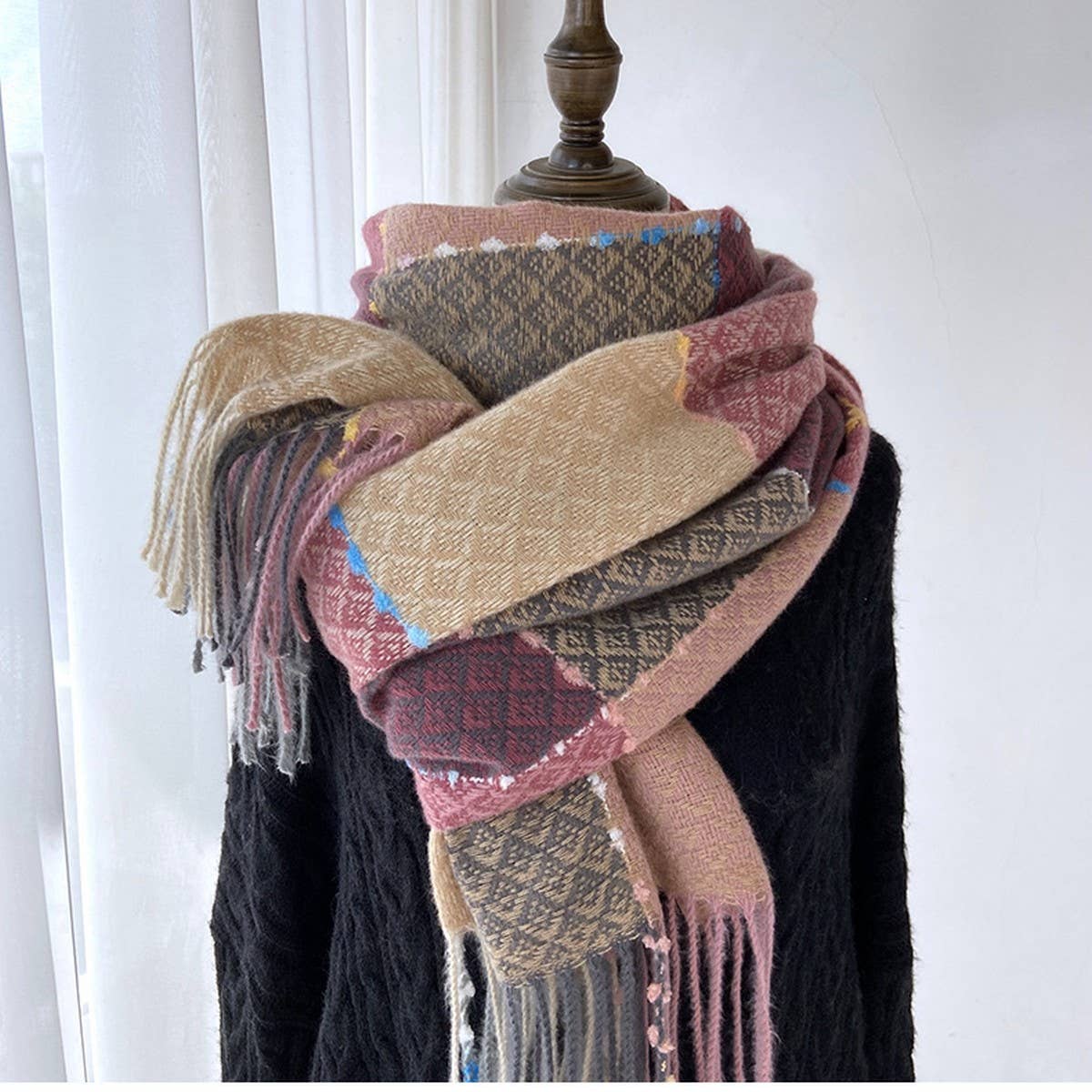 Plaid Faux Cashmere Scarf - Winter Tassel Wrap_CWASC1466