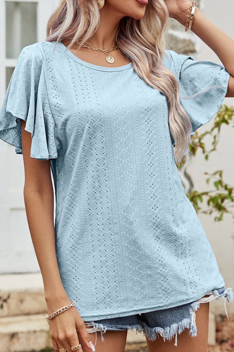 CWTBLS0359_Round neck Ruffle Sleeve Blouse