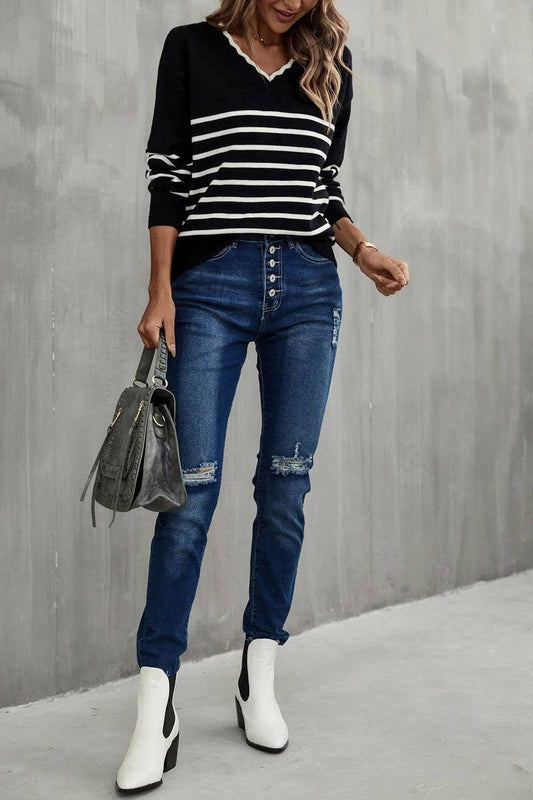 CWOSWL1706_V-neck Long Sleeve Striped Pullover Sweater