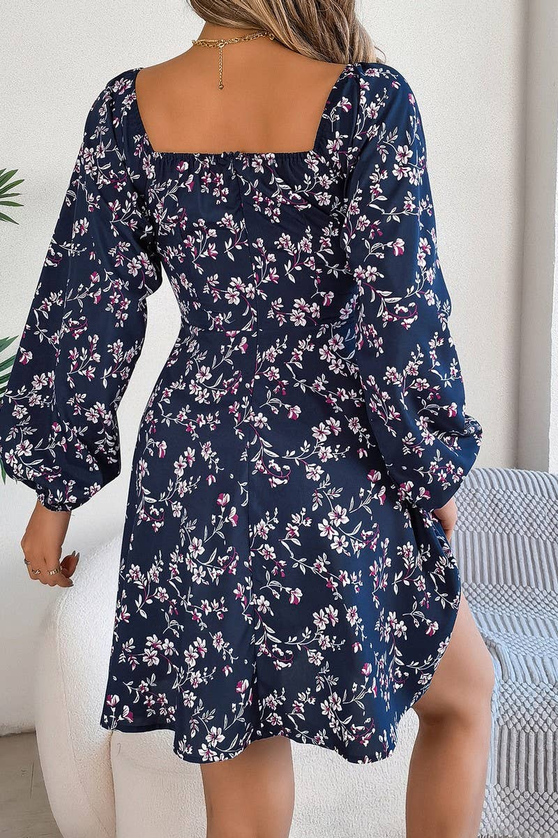 CWDSD7221_CASUAL SQUARE NECK FLORAL LONG SLEEVE A-LINE DRESS