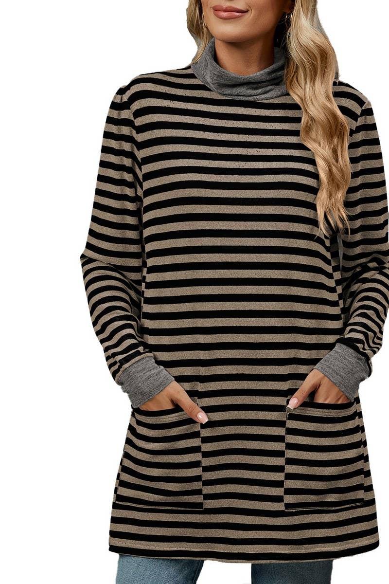 CWTBLL2357_HALF TURTLENECK STRIPED KNITTED LONG SLEEVE TOP