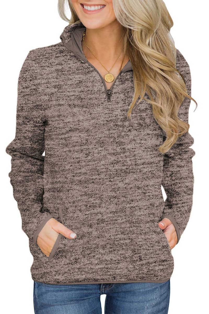 CWTBLL3095_CASUAL ZIPPER V-NECK LONG SLEEVE POCKET TOP