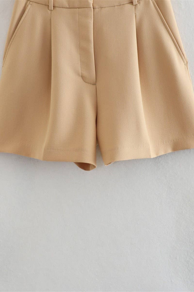 CWBSP0423_SOLID COLOR HIGH WAIST PLEATED CASUAL SHORTS