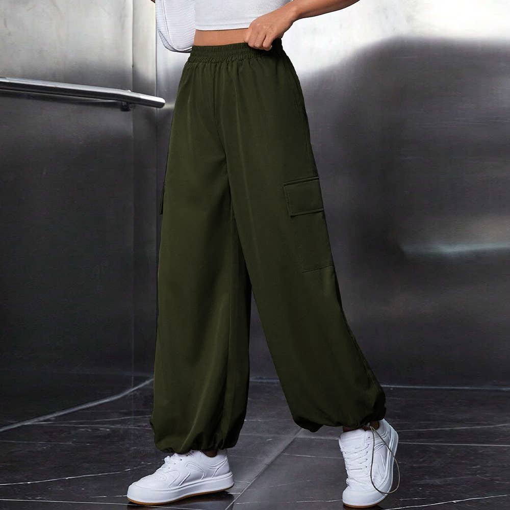 ELASTIC WAIST CASUAL WIDE LEG SPORTS CARGO PANTS