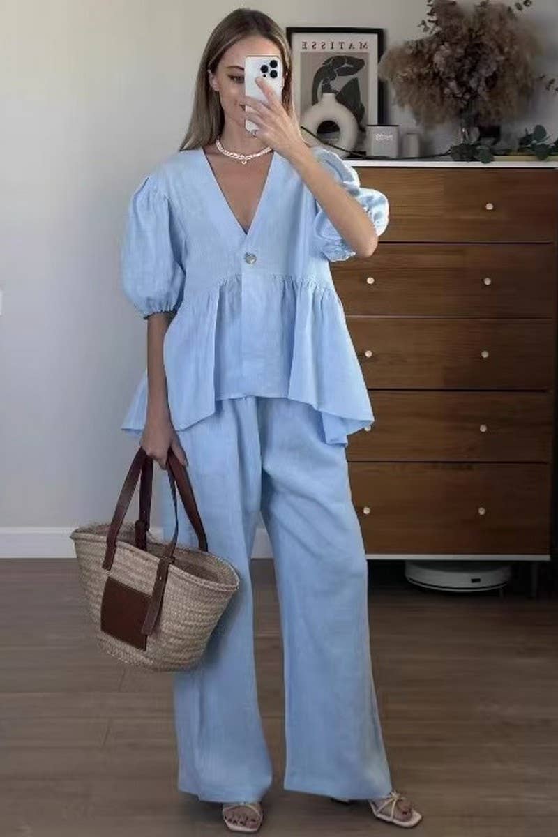 CWSTB00376_V-NECK PUFF SHORT-SLEEVED LACE-UP TROUSERS SUIT