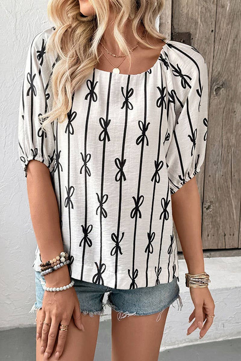 CWTBLS2134_PUFF SLEEVE SQUARE NECK BOW TIE STRIPE SHIRT