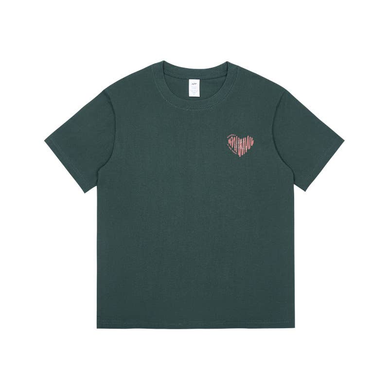 CWTTS0932_PINK LOVE HEART PRINTED ROUND NECK CASUAL T-SHIRT