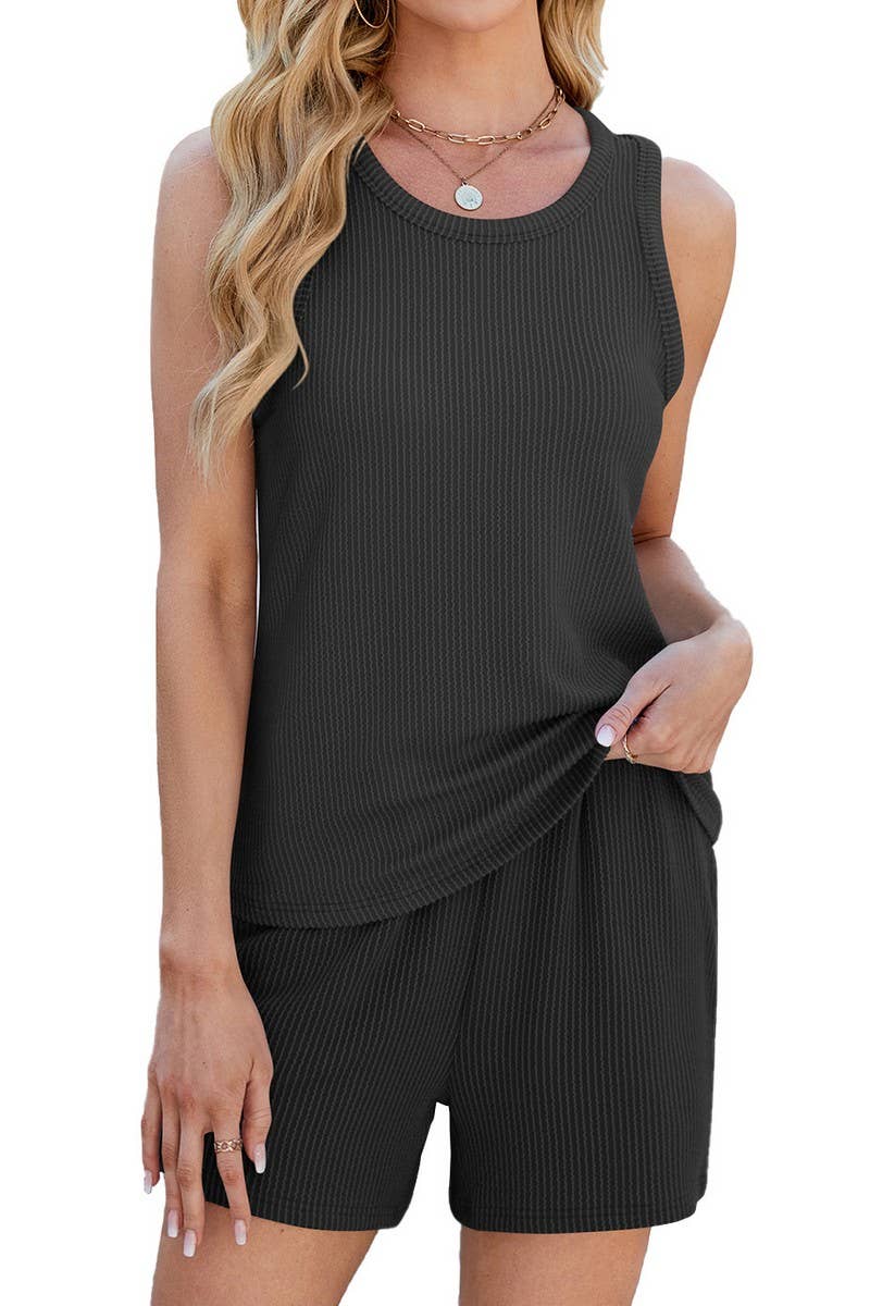 CWSS1070_SOLID COLOR CREW NECK VEST POCKET SHORTS SET