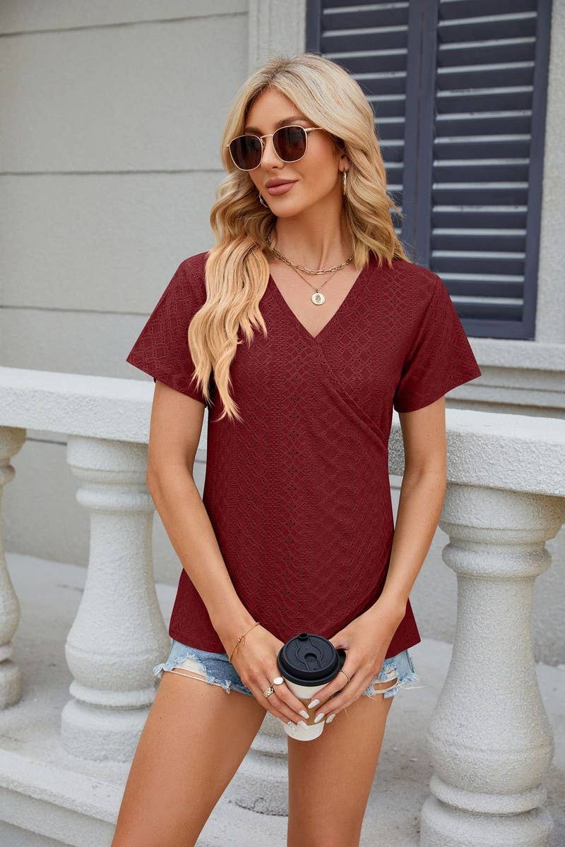 CWTTS0847_V-Neck Short Sleeve Knit Top