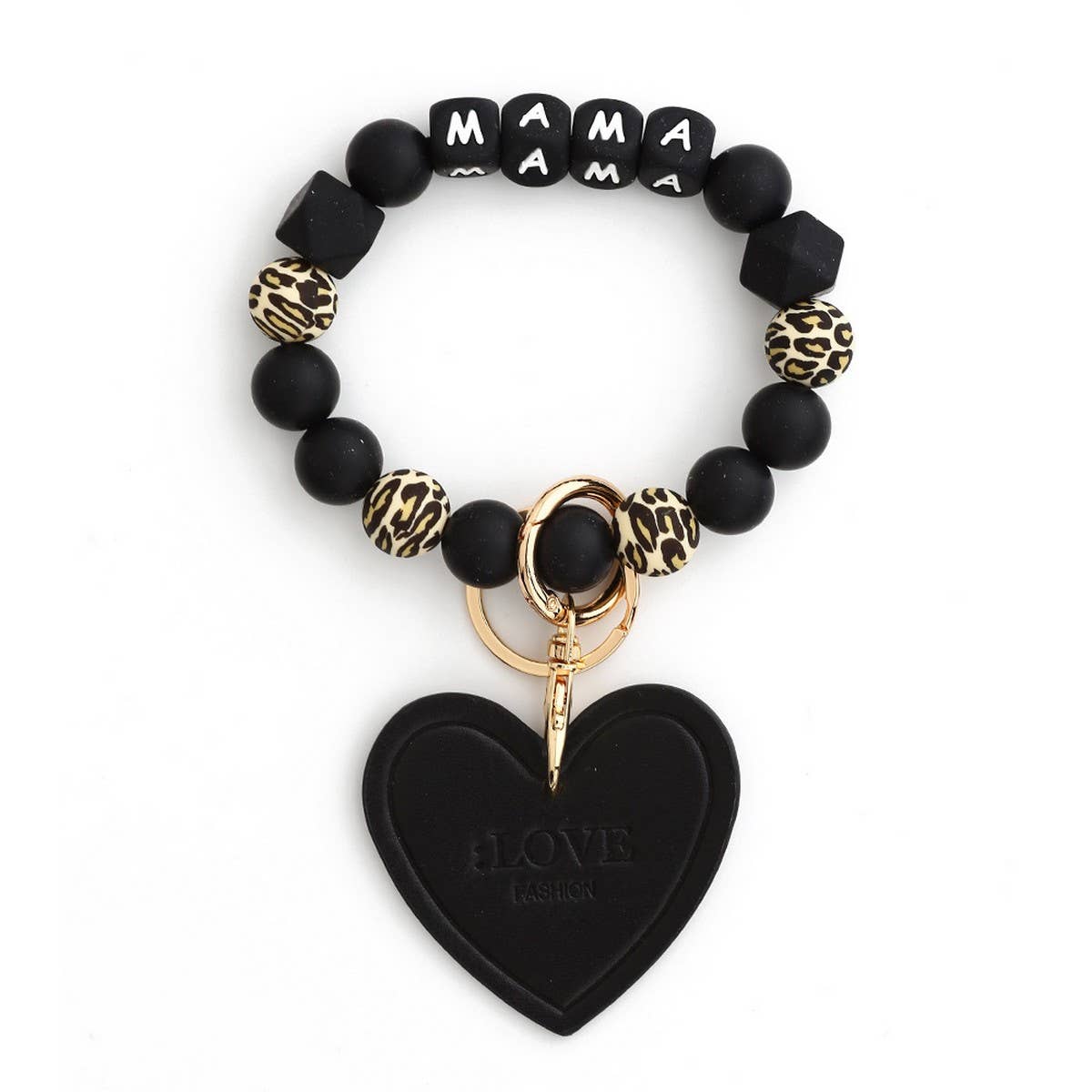Leopard Print Silicone Bead Heart Bracelet Keychain_CWAB5018