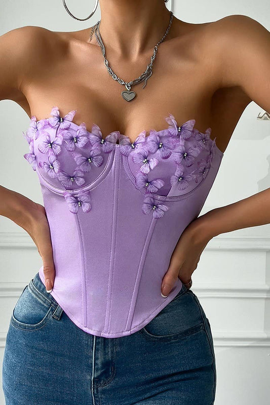 CWTTT0049_LOW-CUT SATIN BUTTERFLY TUBE TOP HERRINGBONE TOP