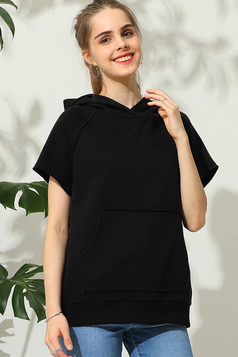 CWOHOS010_SHORT SLEEVE HOODIE SWEATSHIRT KANGAROO POCKET