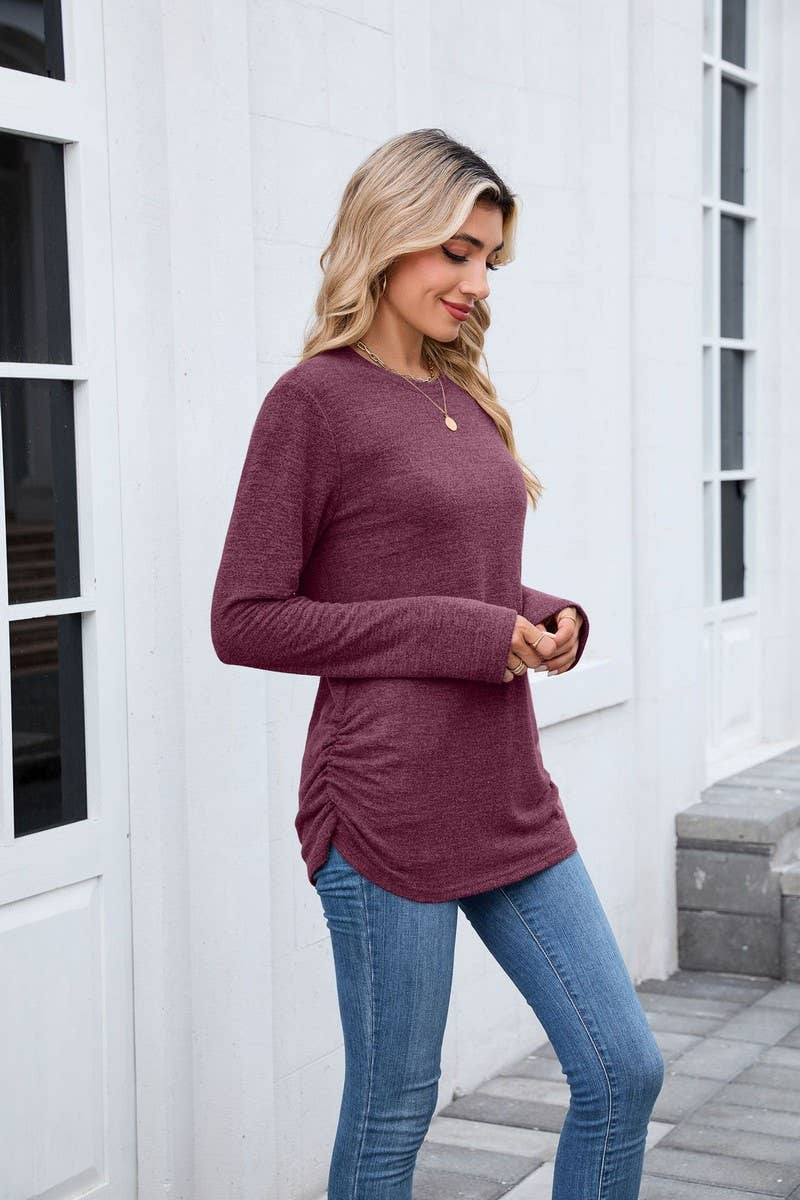 CWTBLL01304_COLORBLOCK RUCHED LONG SLEEVE CASUAL T SHIRT