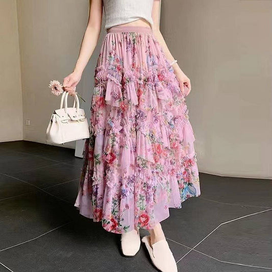 COLORFUL FLORAL MESH PRINT PLEATED TULLE SKIRT