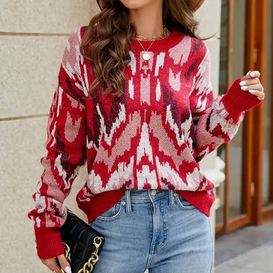 Color contrast jacquard loose long-sleeved sweater