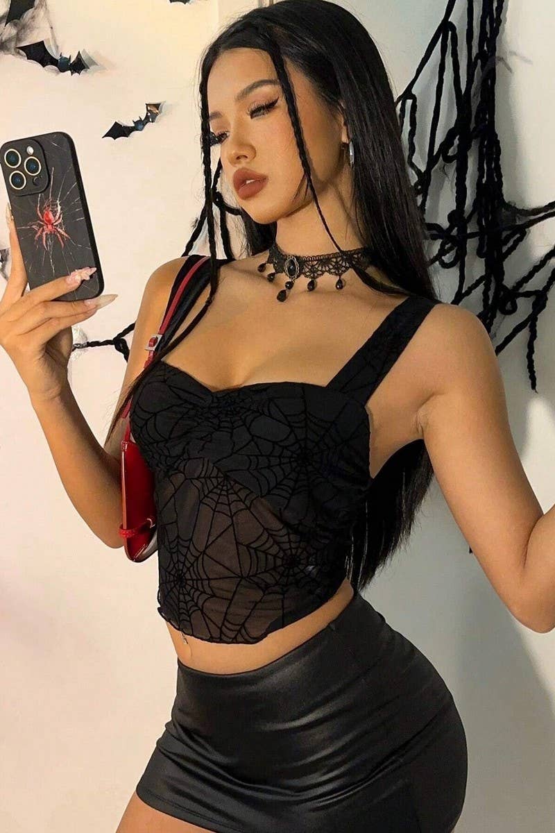 CWTTK0708_SPIDER WEB MESH SHEER SLIM FIT TANK TOP