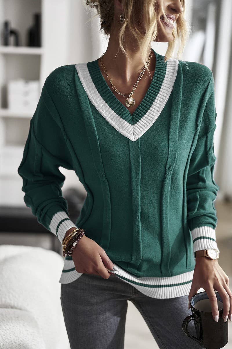 CWOSWL07520_MINIMAL V-NECK COLORBLOCK KNIT SWEATER