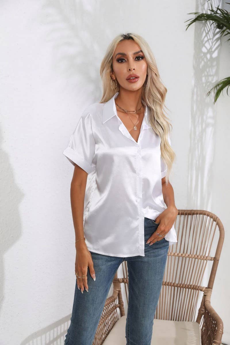 CWTBLS0406_Button Down Silky Satin Short Sleeve Top