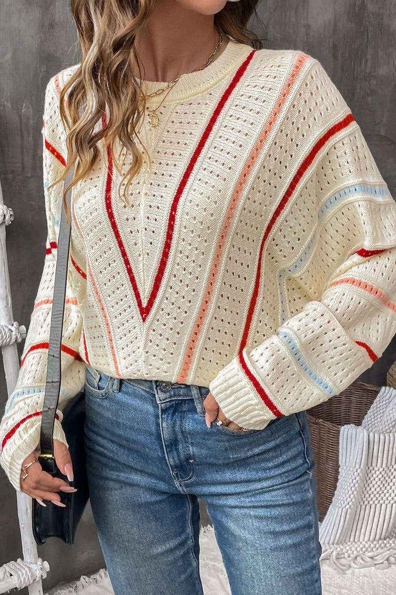CWOSWL3837_COLORFUL STRIPED CREW NECK SWEATER