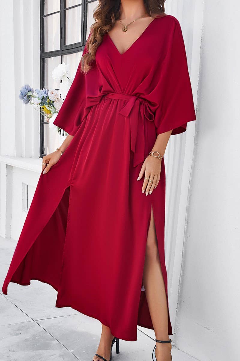 CWDMD1334_V-Neck 3/4 Sleeve With Belt Maxi Dresses
