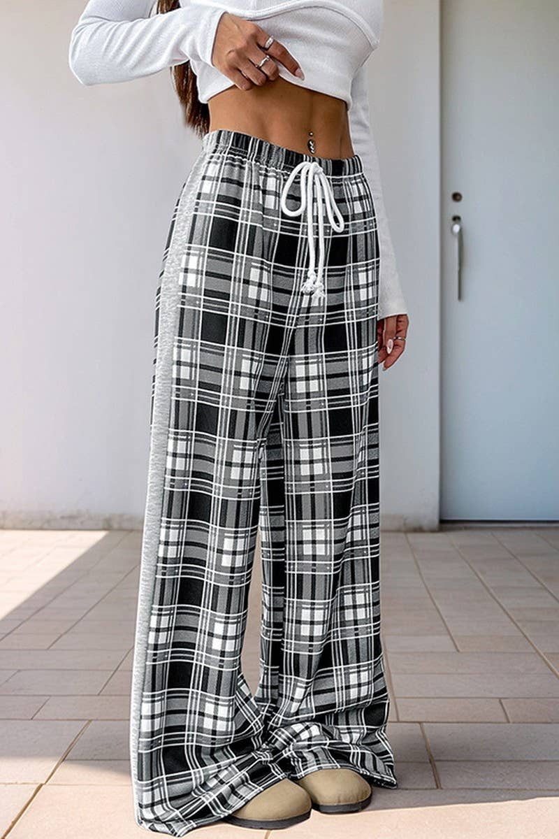 CWBLP2147_CHECKERED ELASTIC WAIST WIDE LEG PANTS