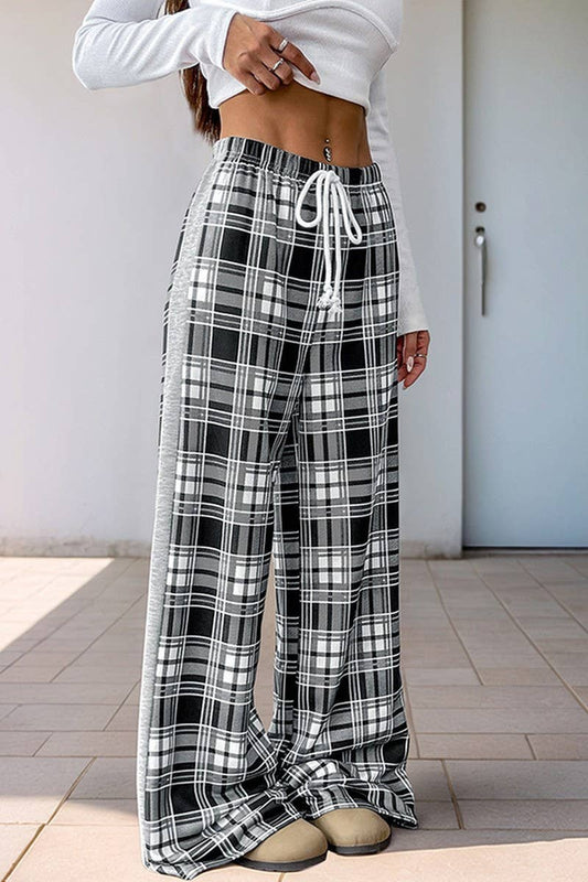 CWBLP2147_CHECKERED ELASTIC WAIST WIDE LEG PANTS