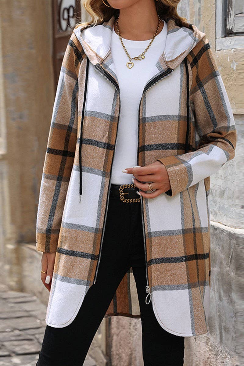 CWOCO0646_LOOSE CHECK ZIP-UP LONG HOODED COAT