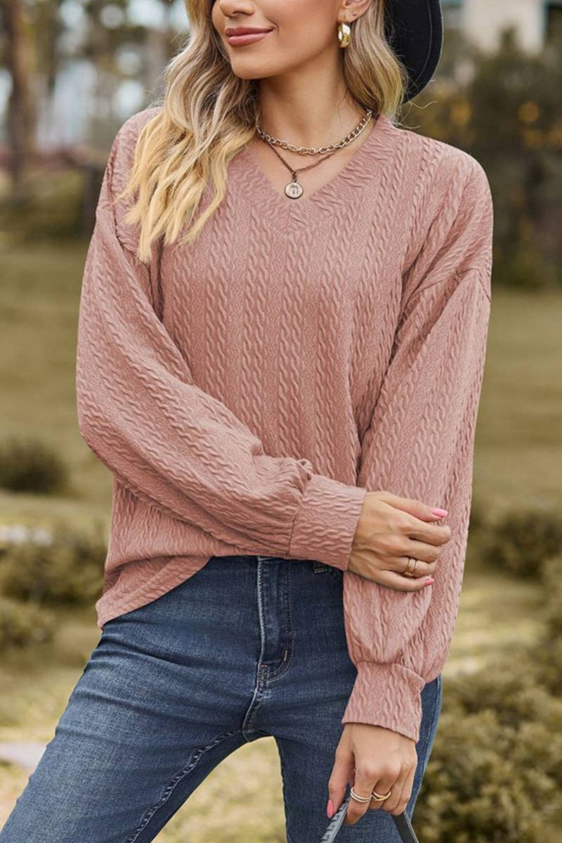CWTBLL0498_V-neck Pullover Long Sleeve Top