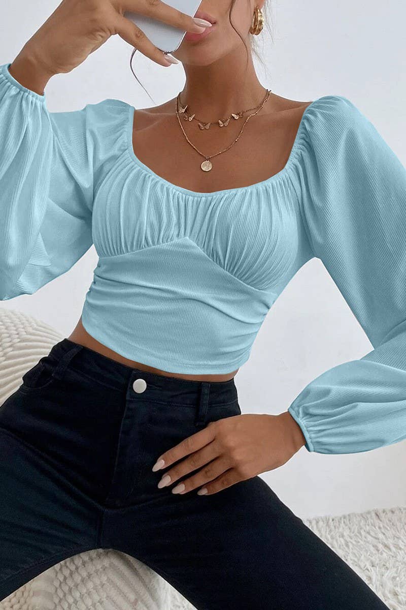 CWTBLL2226_SQUARE NECK LANTERN SLEEVES SHORT SOLID COLOR TOP