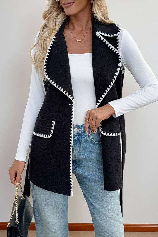 CWOV00105_TIE FRONT LAPEL CONTRAST TRIM VEST JACKET
