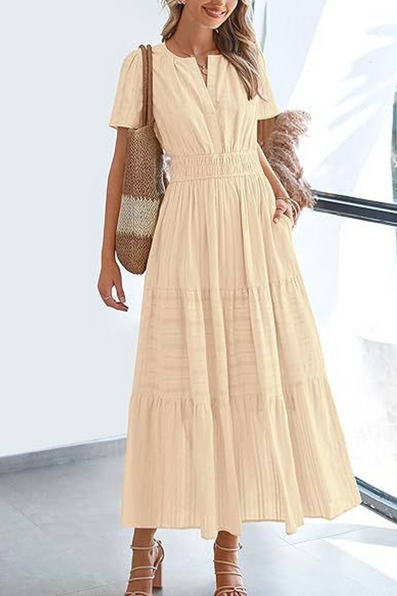CWDMD6338_V-NECK PLEATED PUFF SLEEVES LONG-SLEEVED DRESS