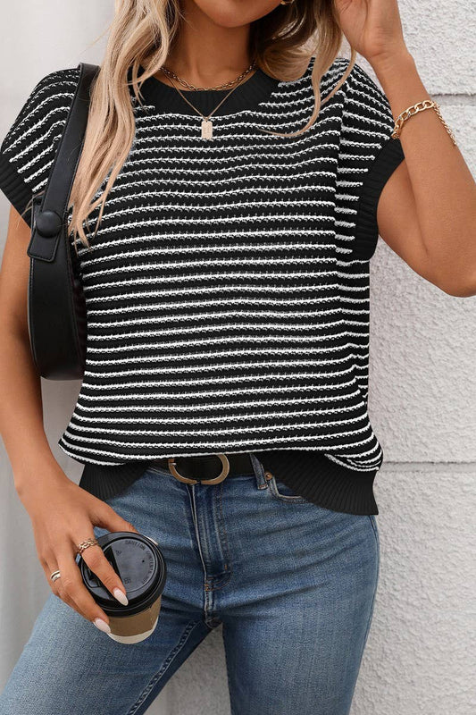 CWOSWS0130_ROUND NECK SHORT SLEEVE STRIPED CONTRAST KNIT TOP