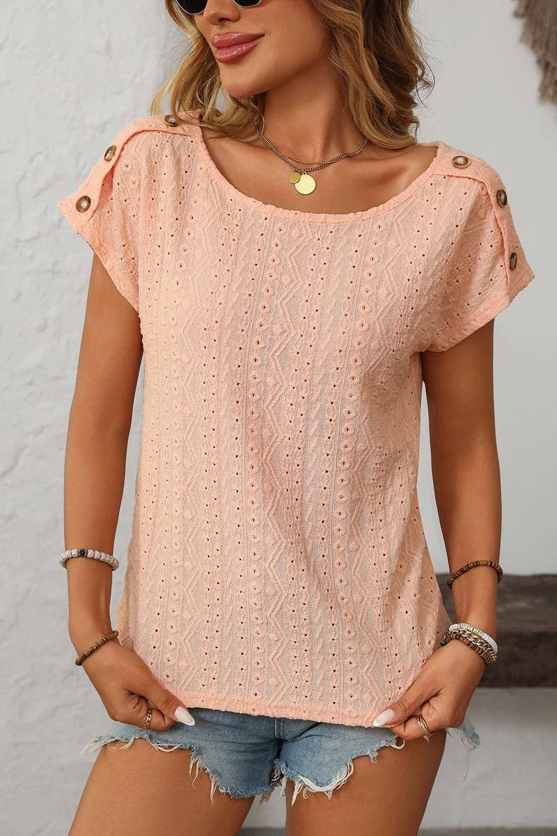CWTBLS1709_ROUND NECK BUTTON SHORT SLEEVE CUTOUT TOP