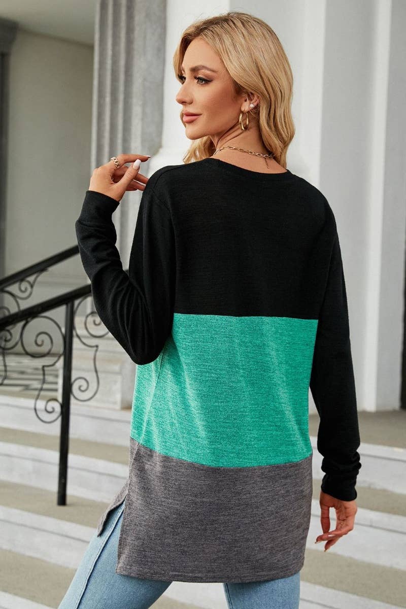 CWTBLL2818_CREW-NECK COLOR MATCHING LONG-SLEEVED TOP