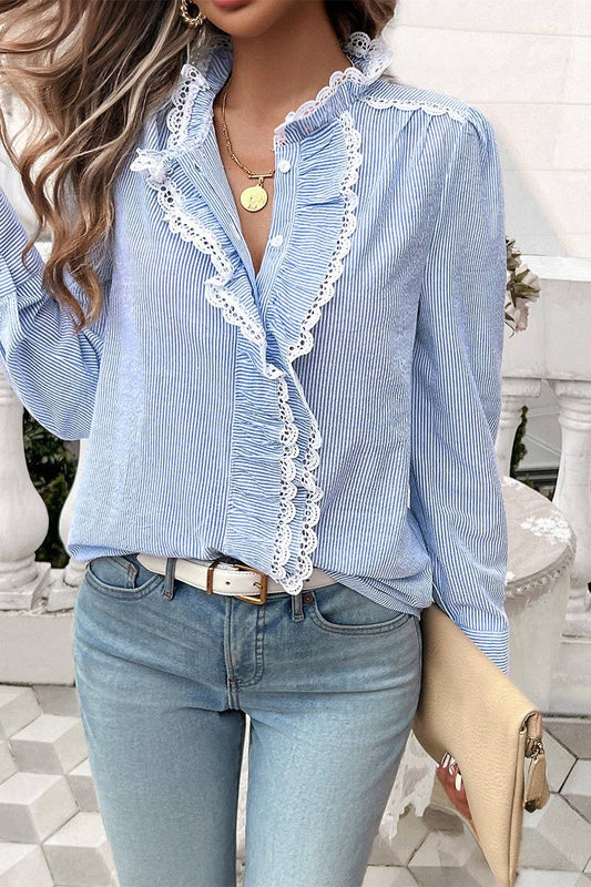 CWTSTL1211_TEMPERAMENT STRIPED LACE LONG-SLEEVED SHIRT