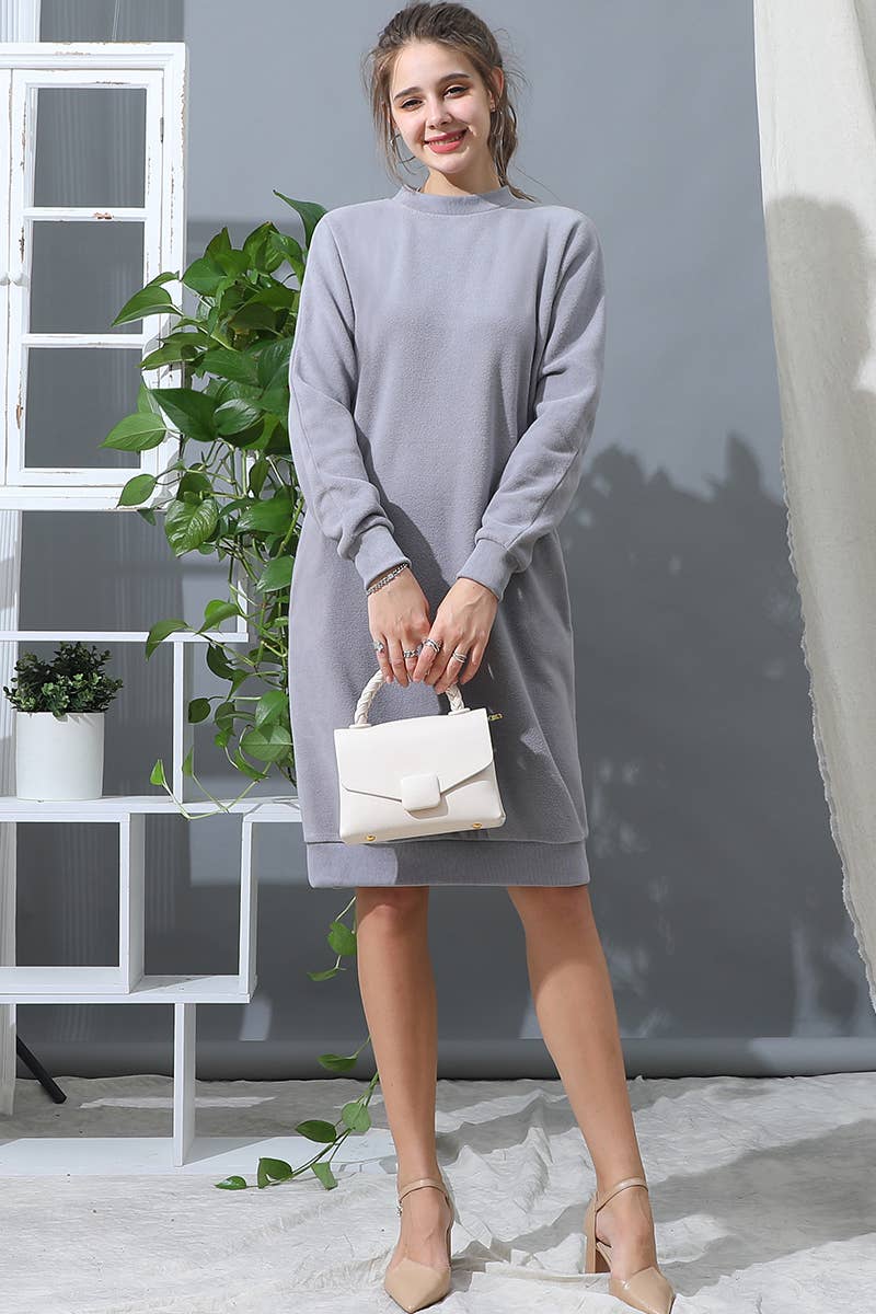 CWDMD793-P_R NECK FLEECE PULLOVER DRESS WITH SIDE POCKETS