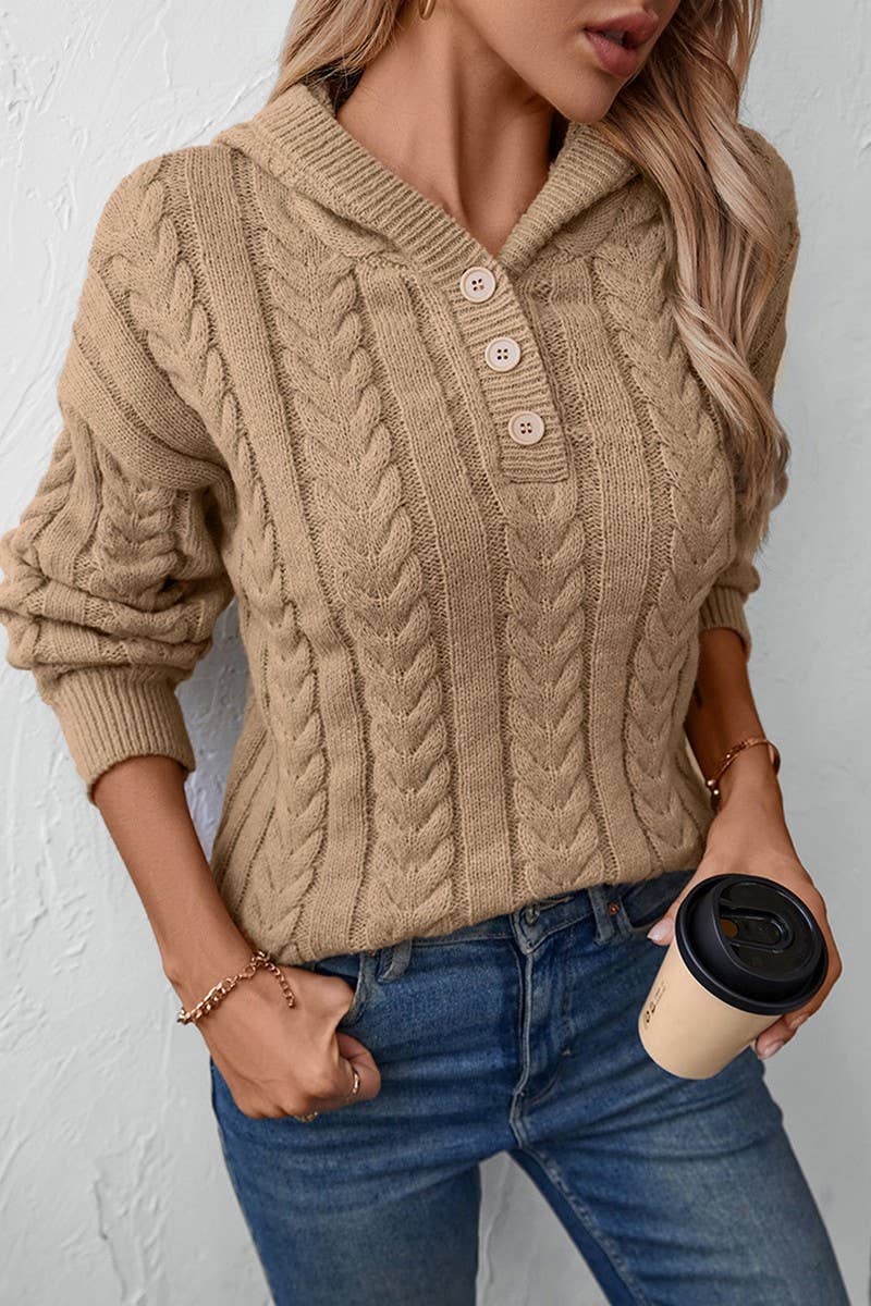 CWOSWL2807_BUTTON CABLE-KNIT HOODED SWEATER