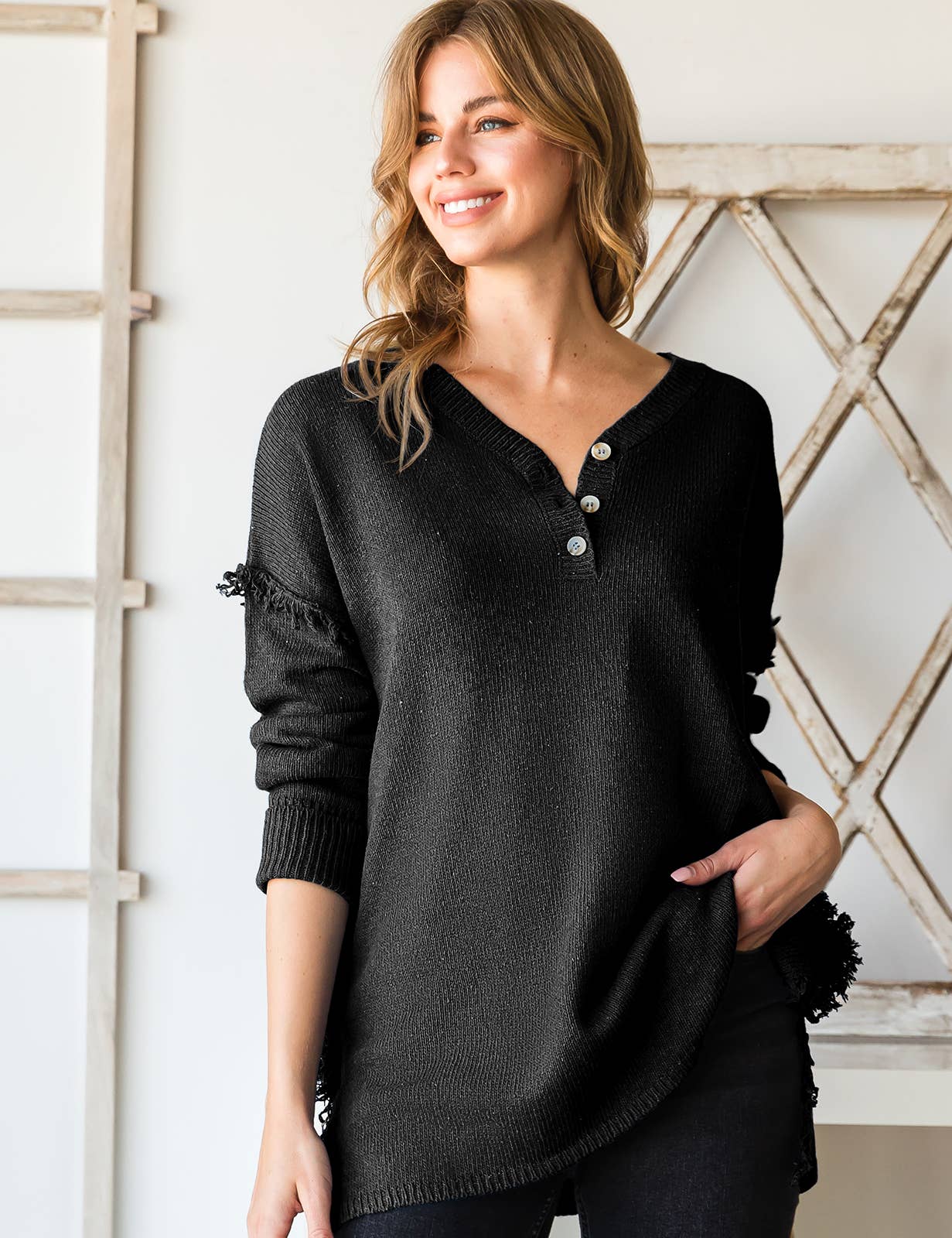 CWOSWL1832_BUTTON DOWN FRINGE SHOULDER SWEATER KNIT TOP