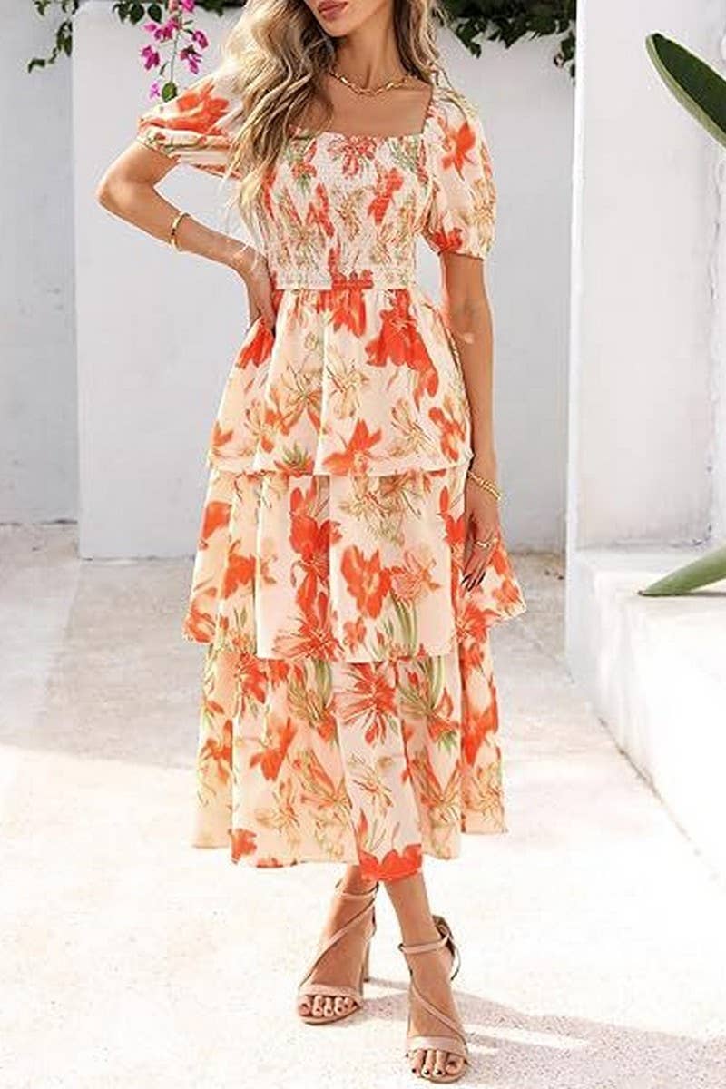 CWDMD01026_SQUARE NECK SHORT SLEEVE FLORAL CHIFFON DRESS