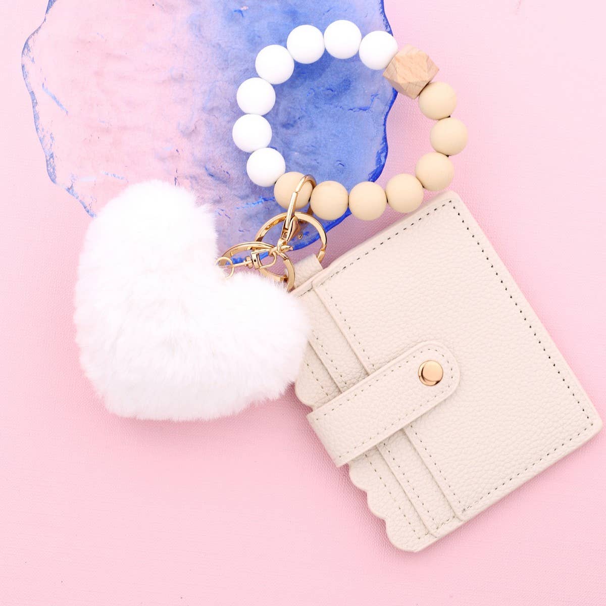 Heart Fur Ball Keychain Wallet with Bead Bracelet_CUAB00448