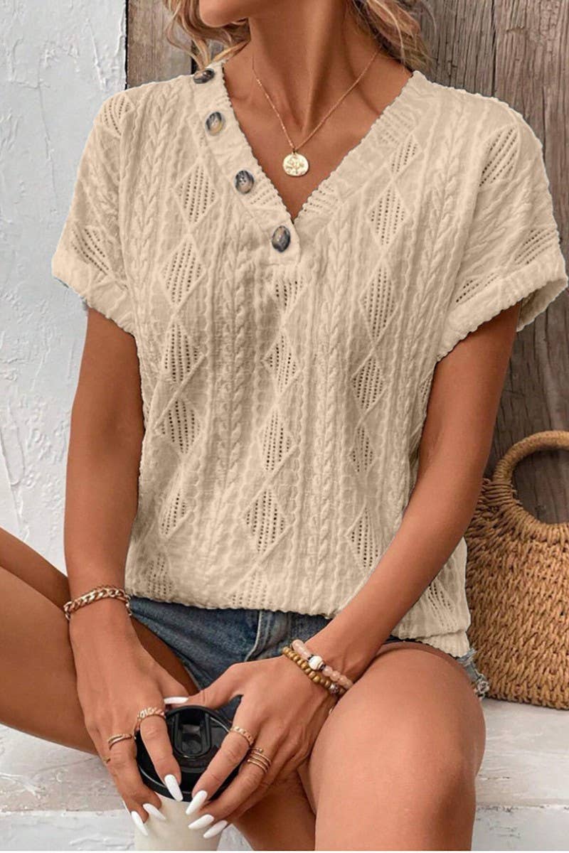 CWTBLS1794_V-NECK BUTTON-DOWN SHORT-SLEEVED TOP T-SHIRT
